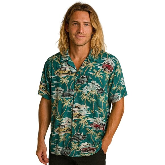 Vintage 90's Utility Men's Hawaiian Shirt Button-Down Classic Cars Palm Trees M - Picture 1 of 7